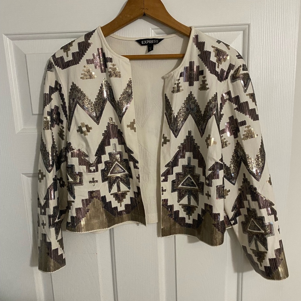 Express Cropped Aztec Print Sequin Jacket